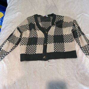 Checkered Knit Cardigan Sweater